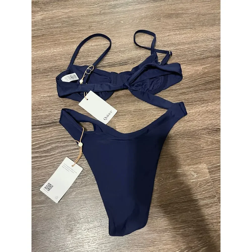 Quince Italian Demi Bikini Top and High Leg Bikini Bottom in Deep Navy Size S